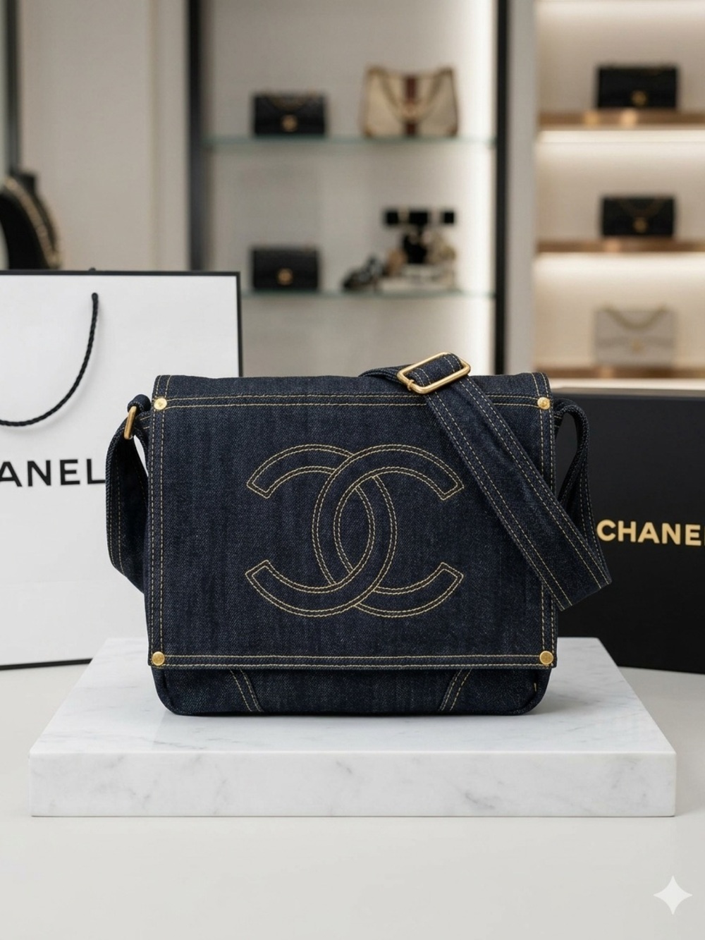 NWOT Dark Blue Denim Crossbody Bag with Gold-Tone Hardware and Double C logo